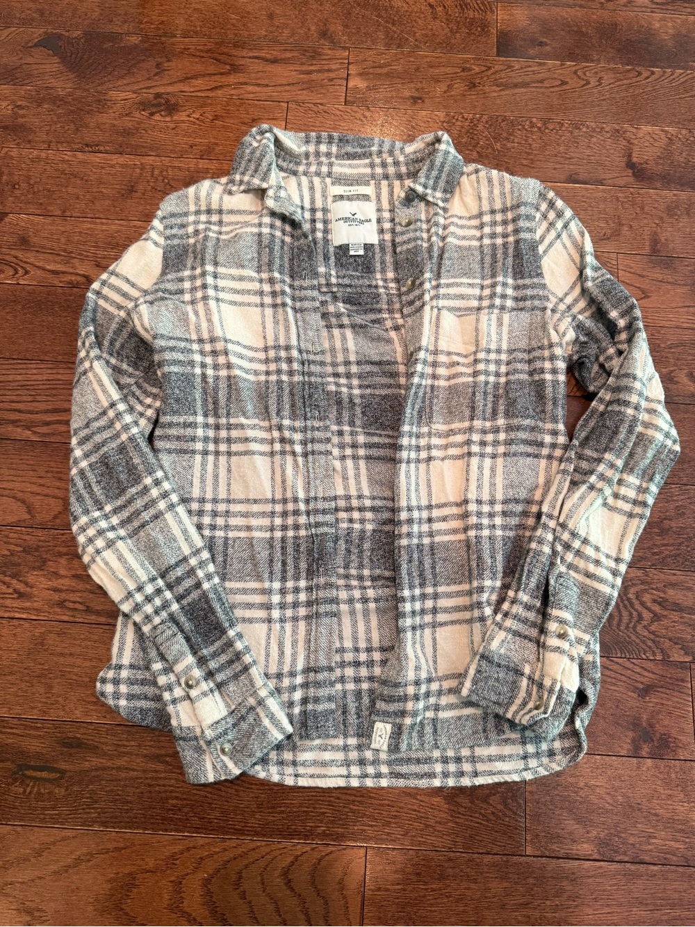 American Eagle Outfitters Plaid Button-Down Shirt - Cream & Gray